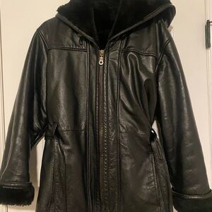 90s style Wilson’s leather jacket with hood and cinched tie waist.